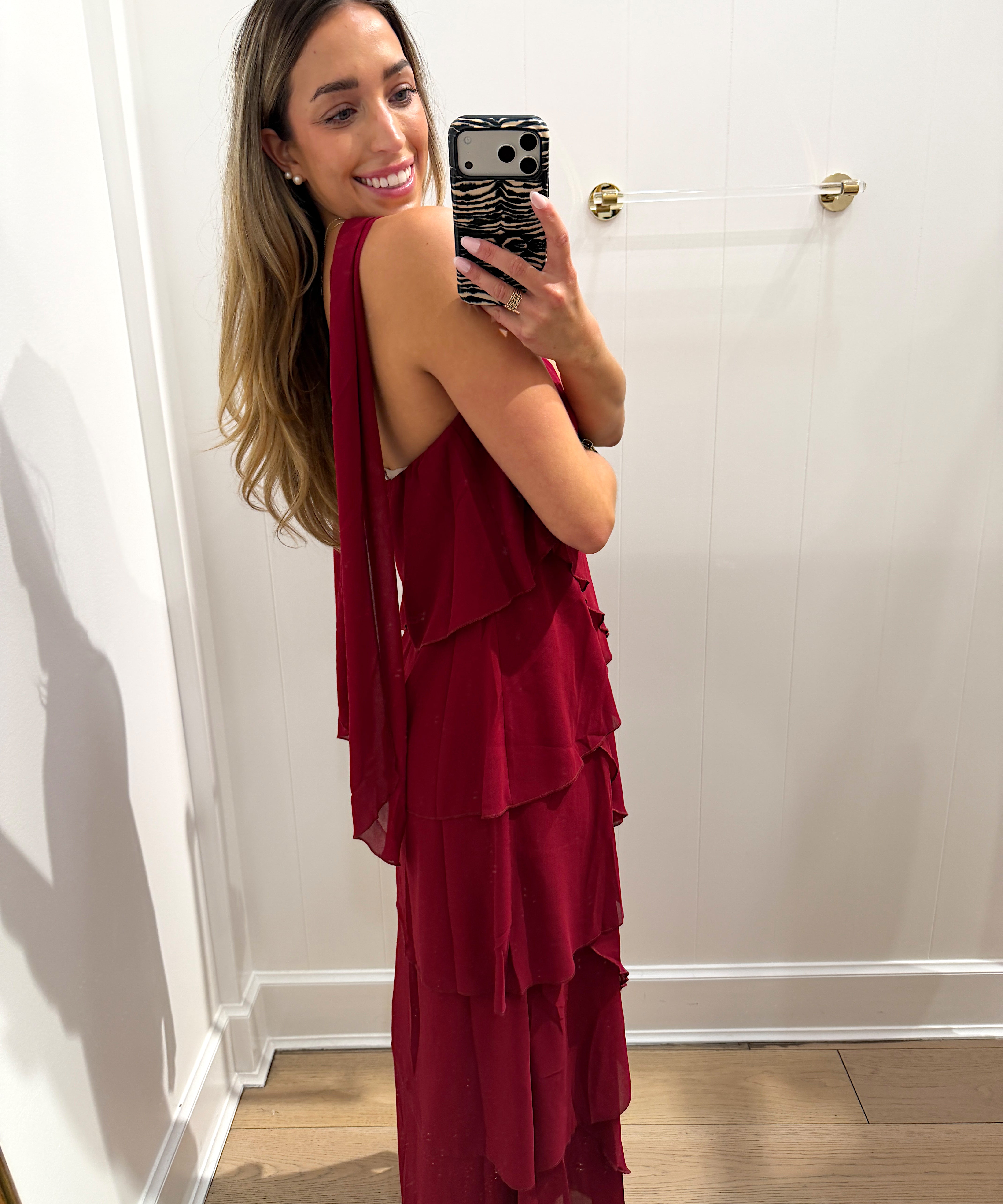 BURGUNDY SCARF MAXI RUFFLE FLOW DRESS