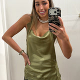 OLIVE LACE SATIN HALTER TANK