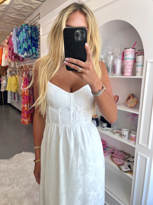 WHITE CORSET EMBROIDERED MAXI DRESS