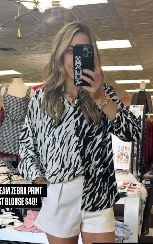 BLACK/ CREAM ZEBRA PRINT CONTRAST BLOUSE