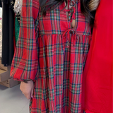 RED PLAID CHECKERED TIE MINI DRESS