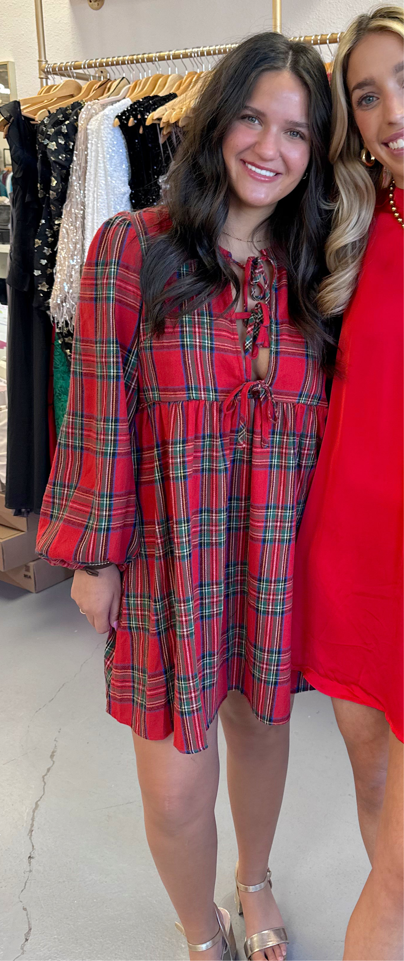 RED PLAID CHECKERED TIE MINI DRESS