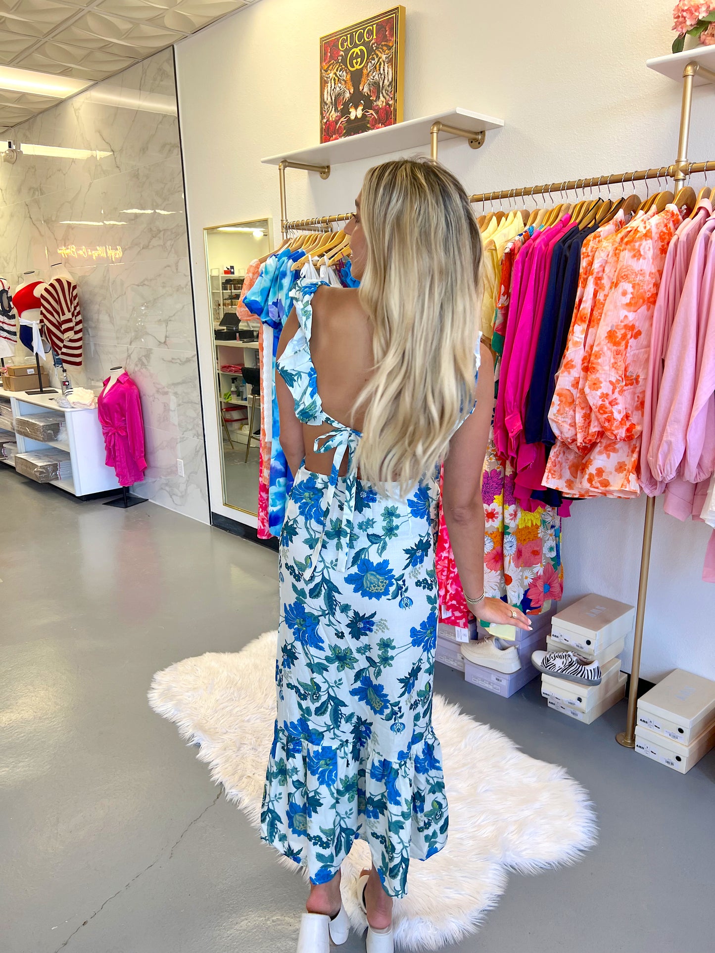 BLUE FLORAL RUFFLE MAXI DRESS