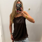 BROWN LACE SATIN TANK TOP