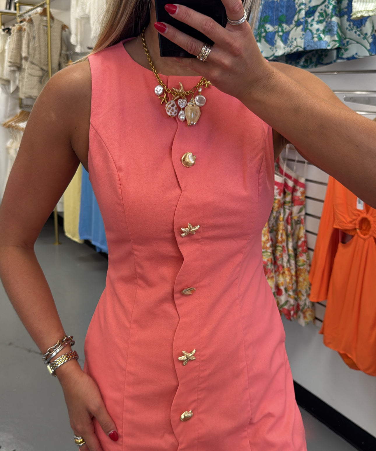 CORAL SCALLOPED BEACH BUTTON DRESS