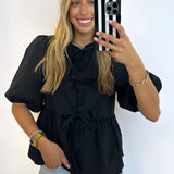 BLACK POPLIN FRONT TIE BLOUSE