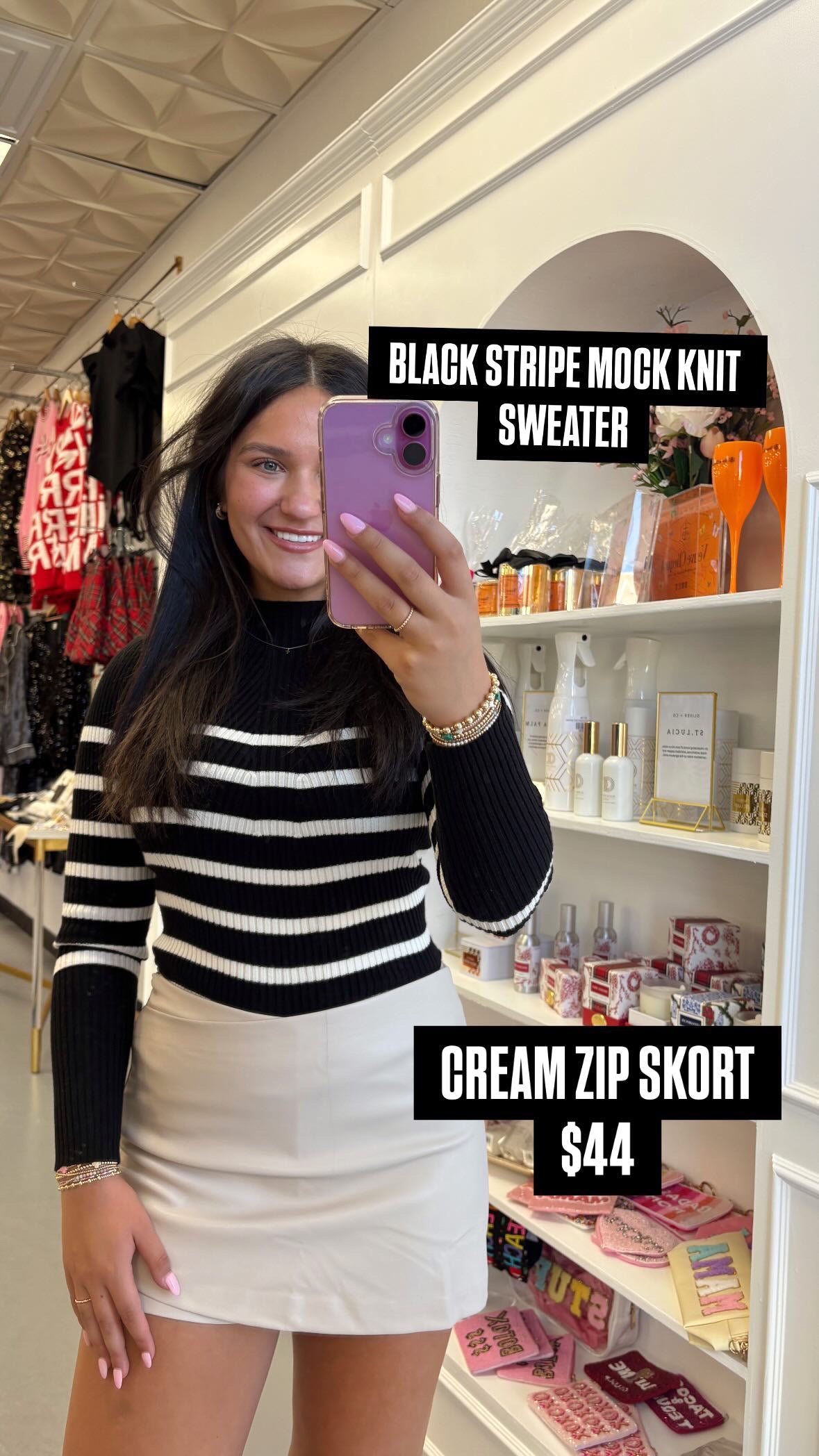 BLACK STRIPE MOCK NECK KNIT SWEATER