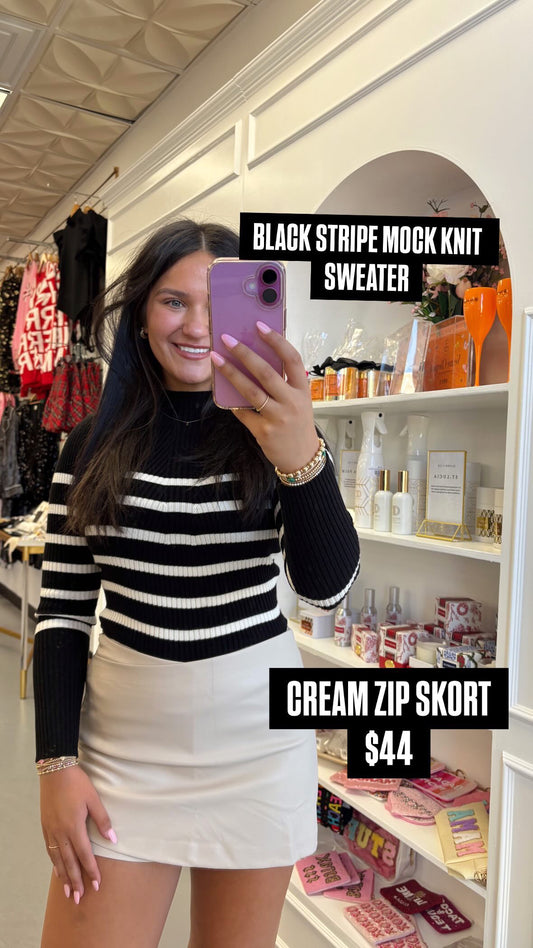 BLACK STRIPE MOCK NECK KNIT SWEATER