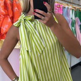 LIME STRIPED RUFFLE TIE MAXI DRESS