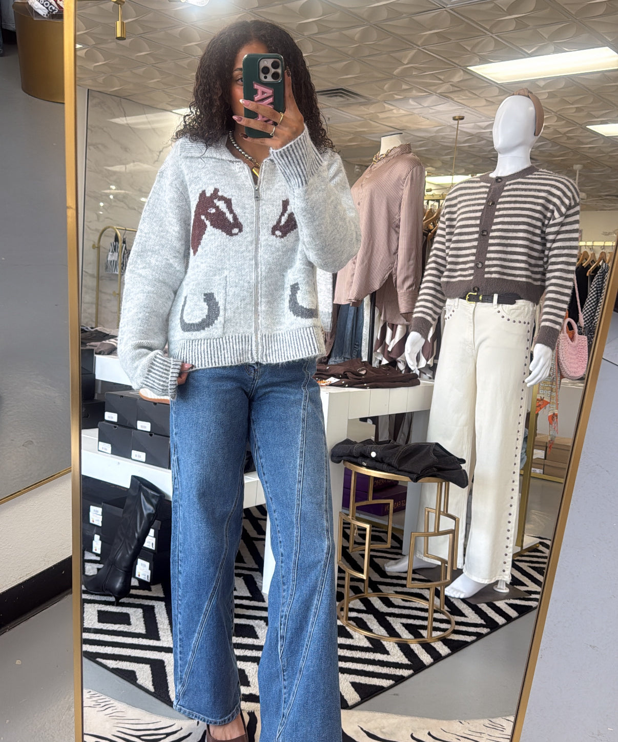 WF HORSE GRAY ZIP CARDIGAN TOP