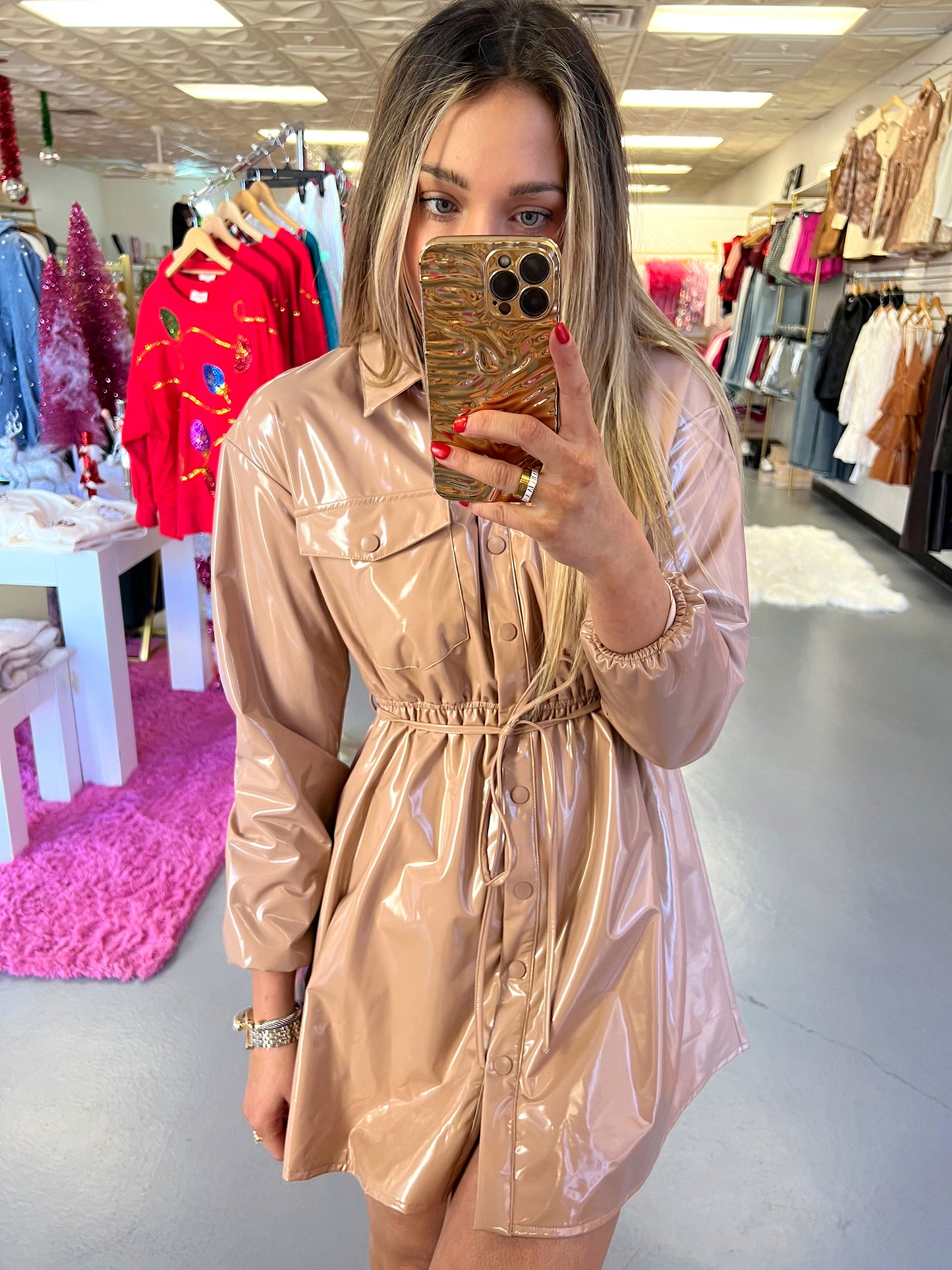 MOCHA BUTTON UP TIE DRESS