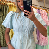 BLUE RUFFLE MOCK NECK BUTTON TOP