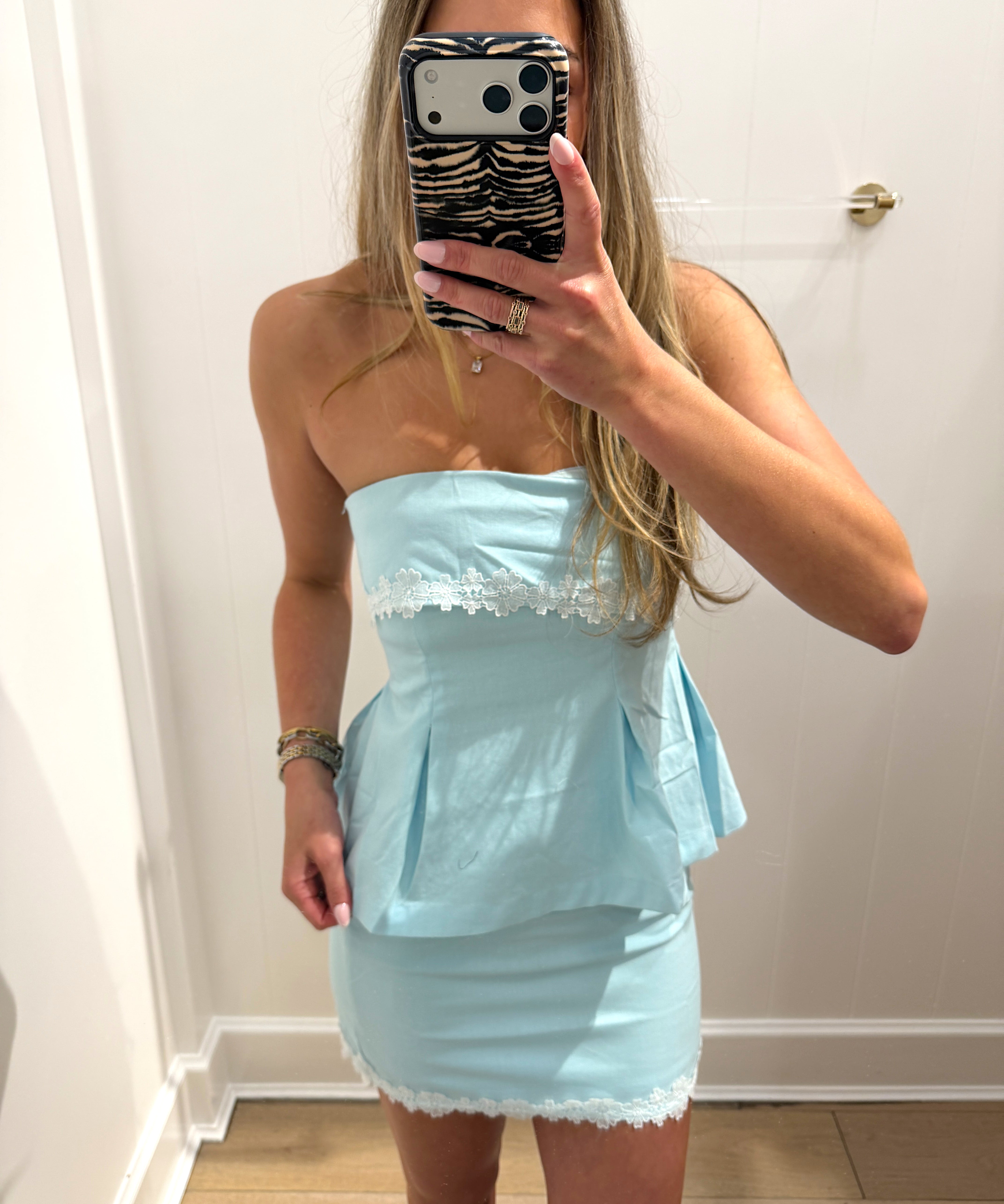BABY BLUE LACE TRIM STRAPLESS SET