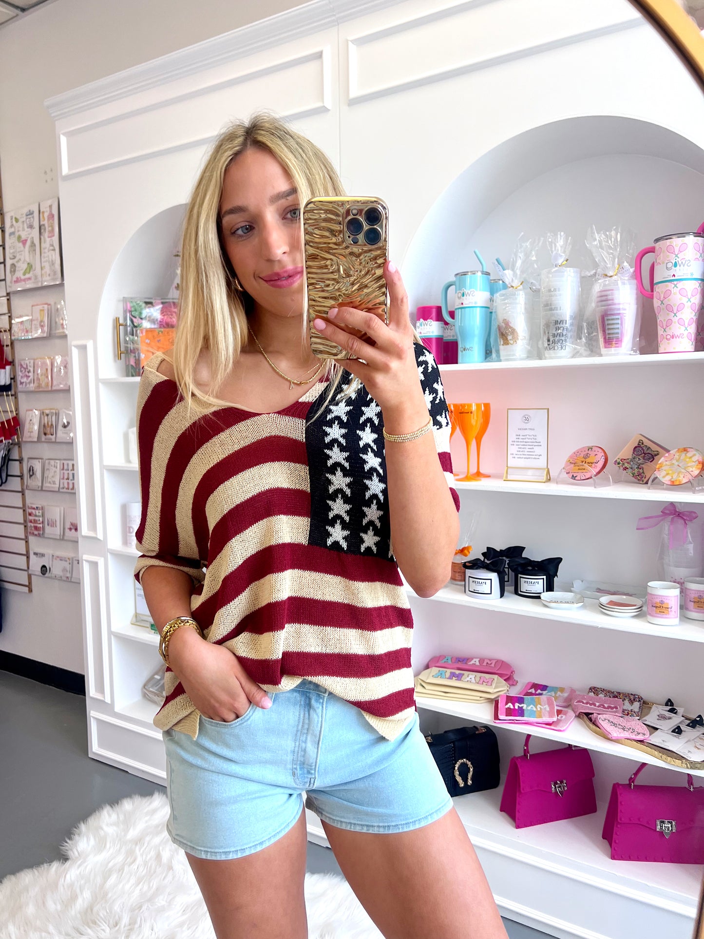 CREAM AMERICAN FLAG V NECK TOP - XL left