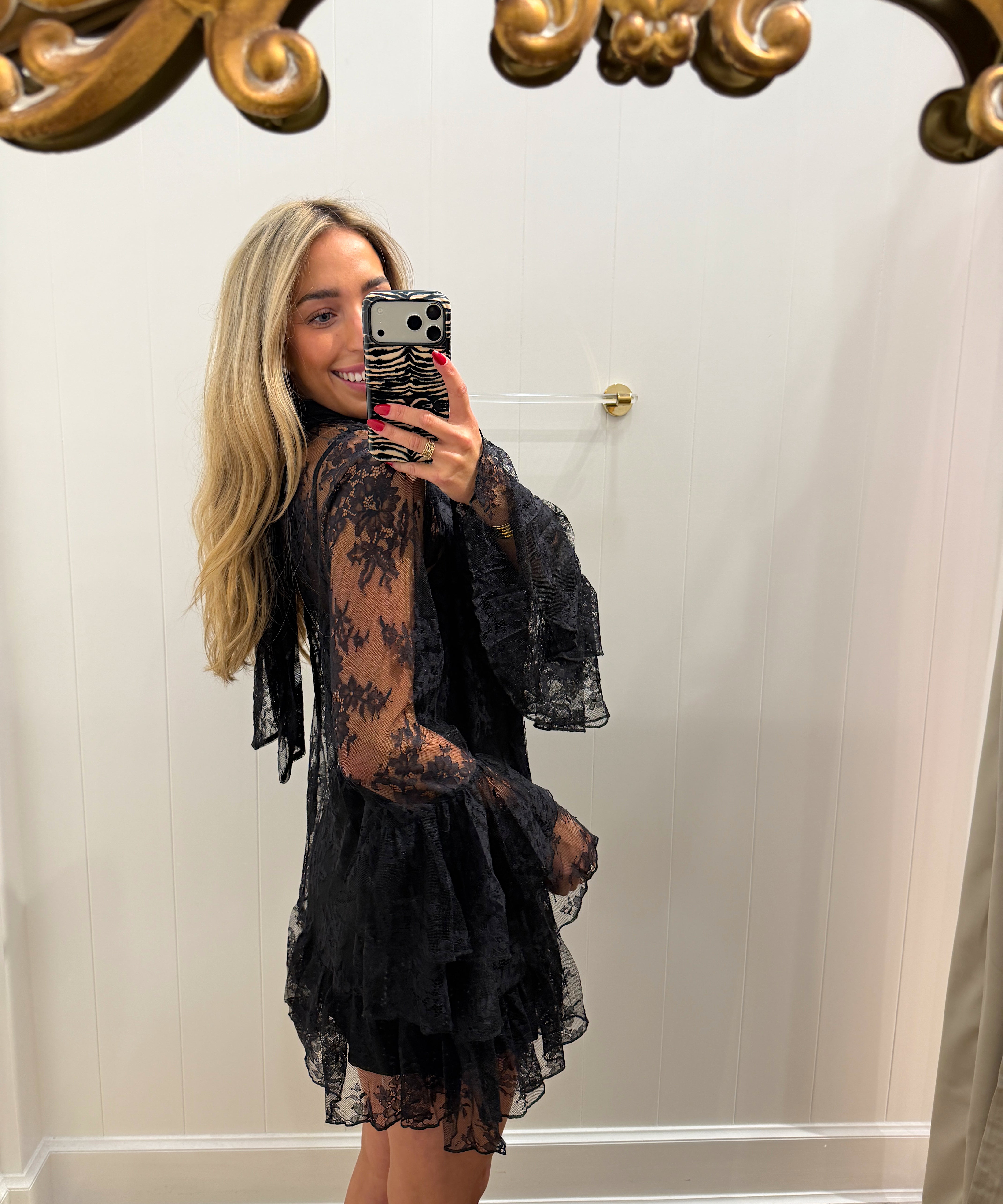 LBK BLACK LACE CHIFFON LONGSLEEVE DRESS