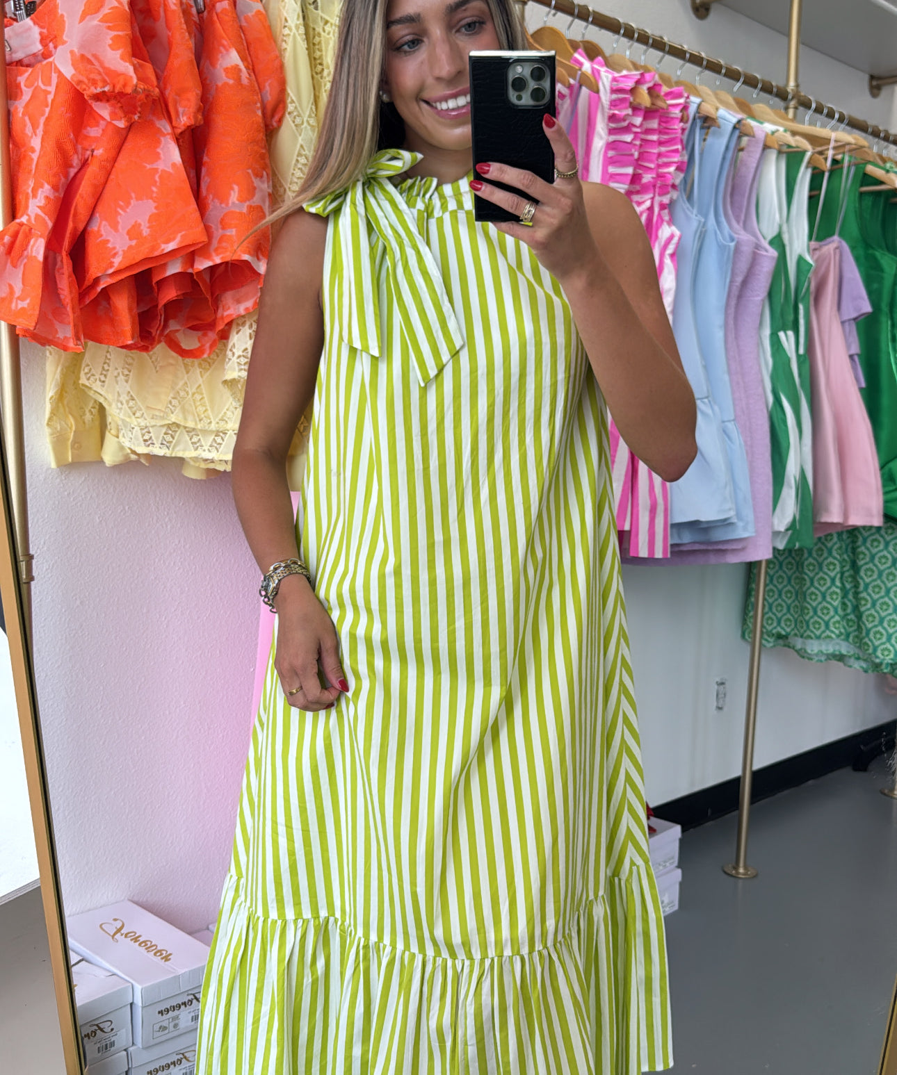 LIME STRIPED RUFFLE TIE MAXI DRESS