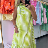LIME STRIPED RUFFLE TIE MAXI DRESS