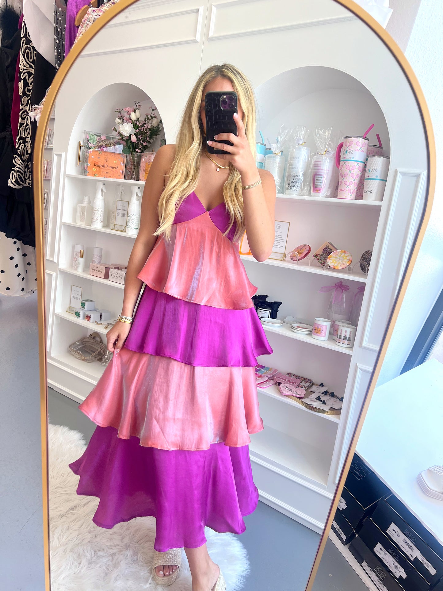 SHINY PINK COLOR BLOCK TIERED MAXI DRESS