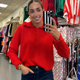 Red Ruffled Cardigan Sweater