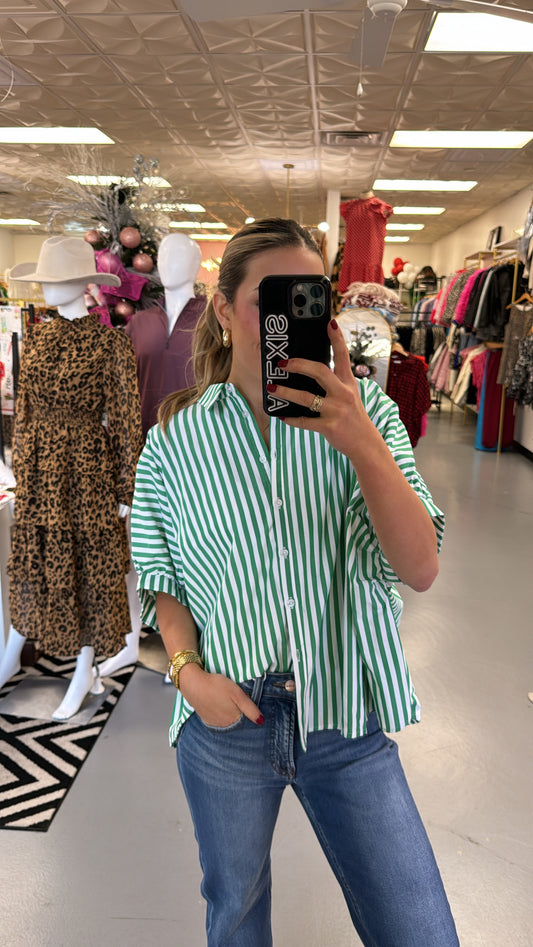 GREEN + WHITE STRIPED OVERSIZED BUTTON DOWN