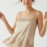Square Neck Lace Trim Satin Cami: Black / S