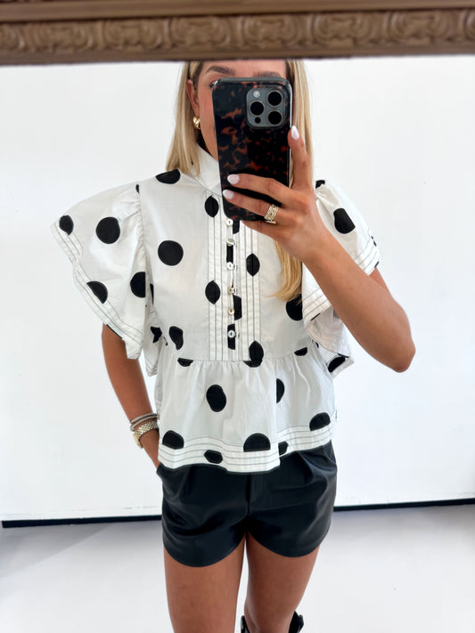 POLKA DOT RUFFLE BUTTON UP TOP