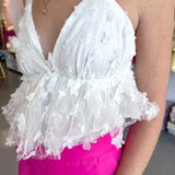 WHITE PETAL DETAILED V NECK TIE TANK. XS-XL