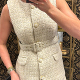 Ivory Gold Button Tweed Belted Set