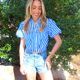 BLUE + WHITE STRIPED WOVEN TOP