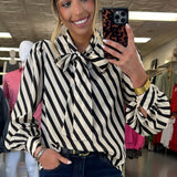 Ivory Striped Button Tie Blouse