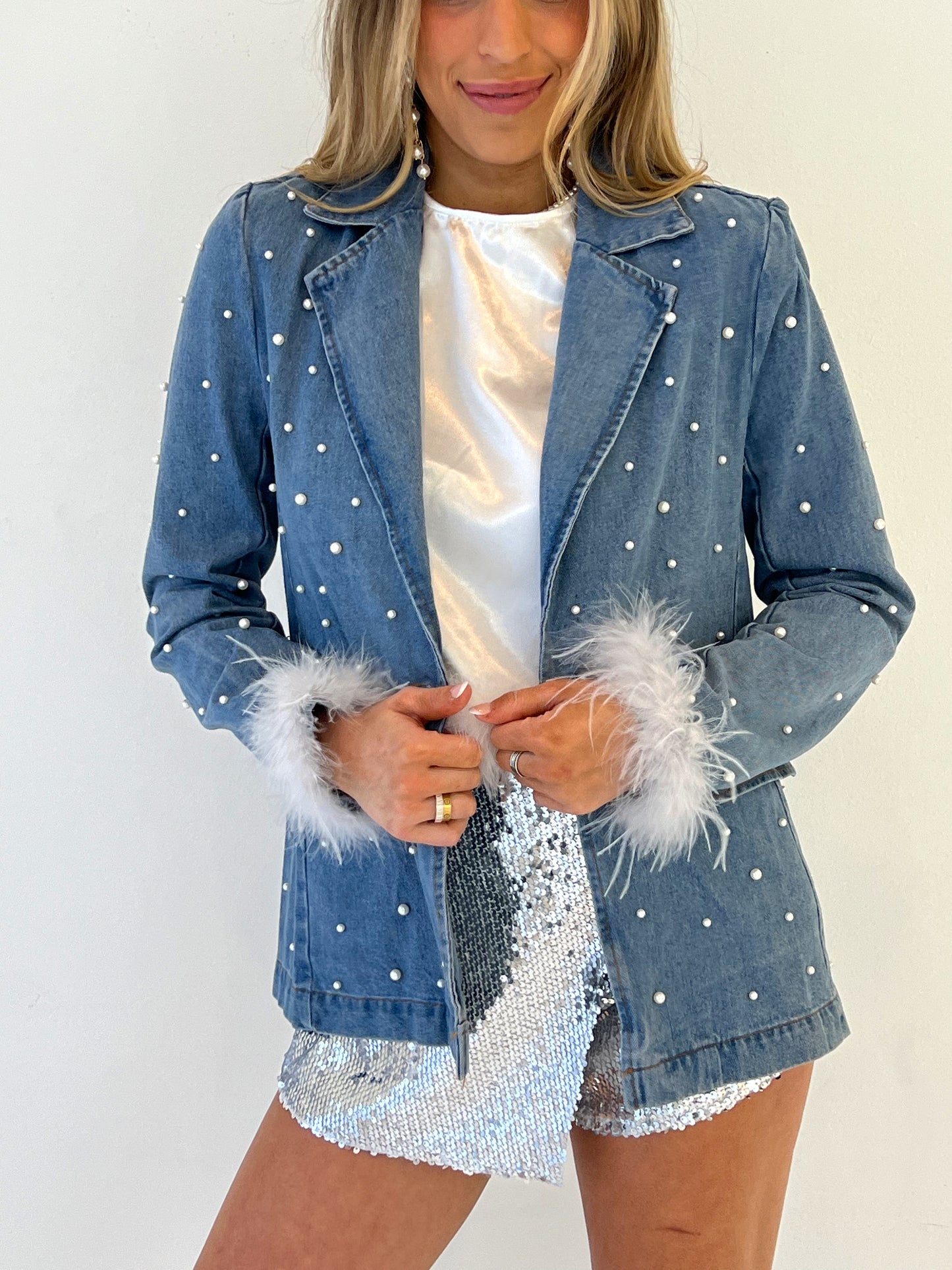 PEARL DENIM FUR BLAZER