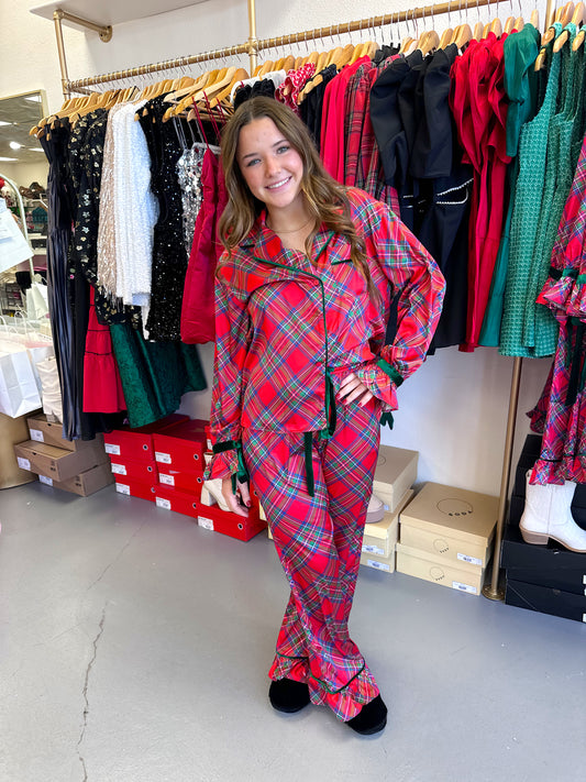 RED PLAID BOW SATIN PAJAMA SET