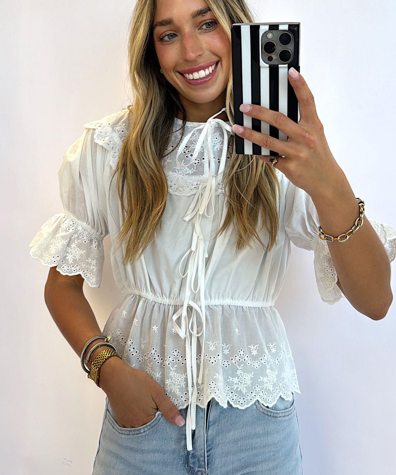 WHITE EYELET LACE DETAILED TOP