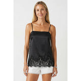 Square Neck Lace Trim Satin Cami: Black / M