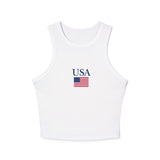 USA Flag Racer Tank Top — Patriotic Women's Cropped Micro Rib Tank for 4th of July & Summer