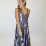 SILVER MIDI PLEATED FLOW DRESS