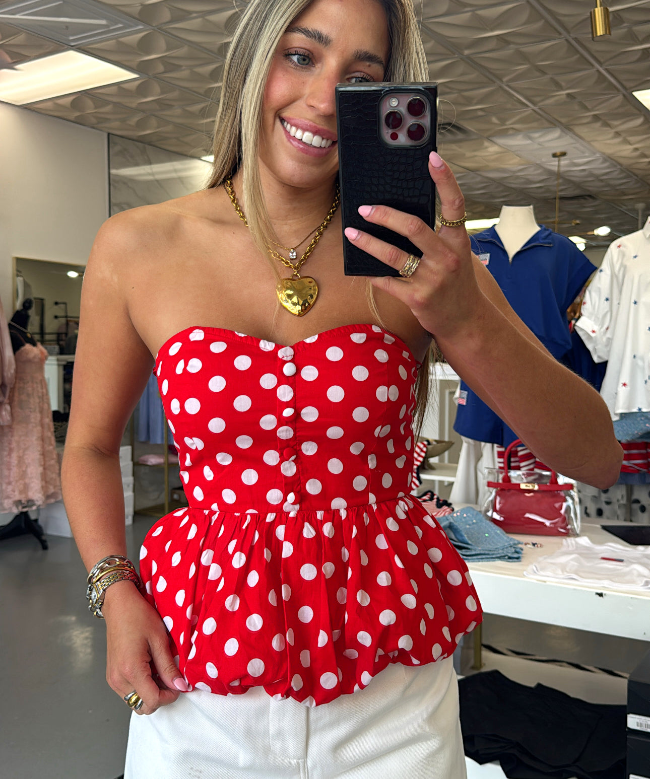 RED POLKA DOT STRAPLESS TOP