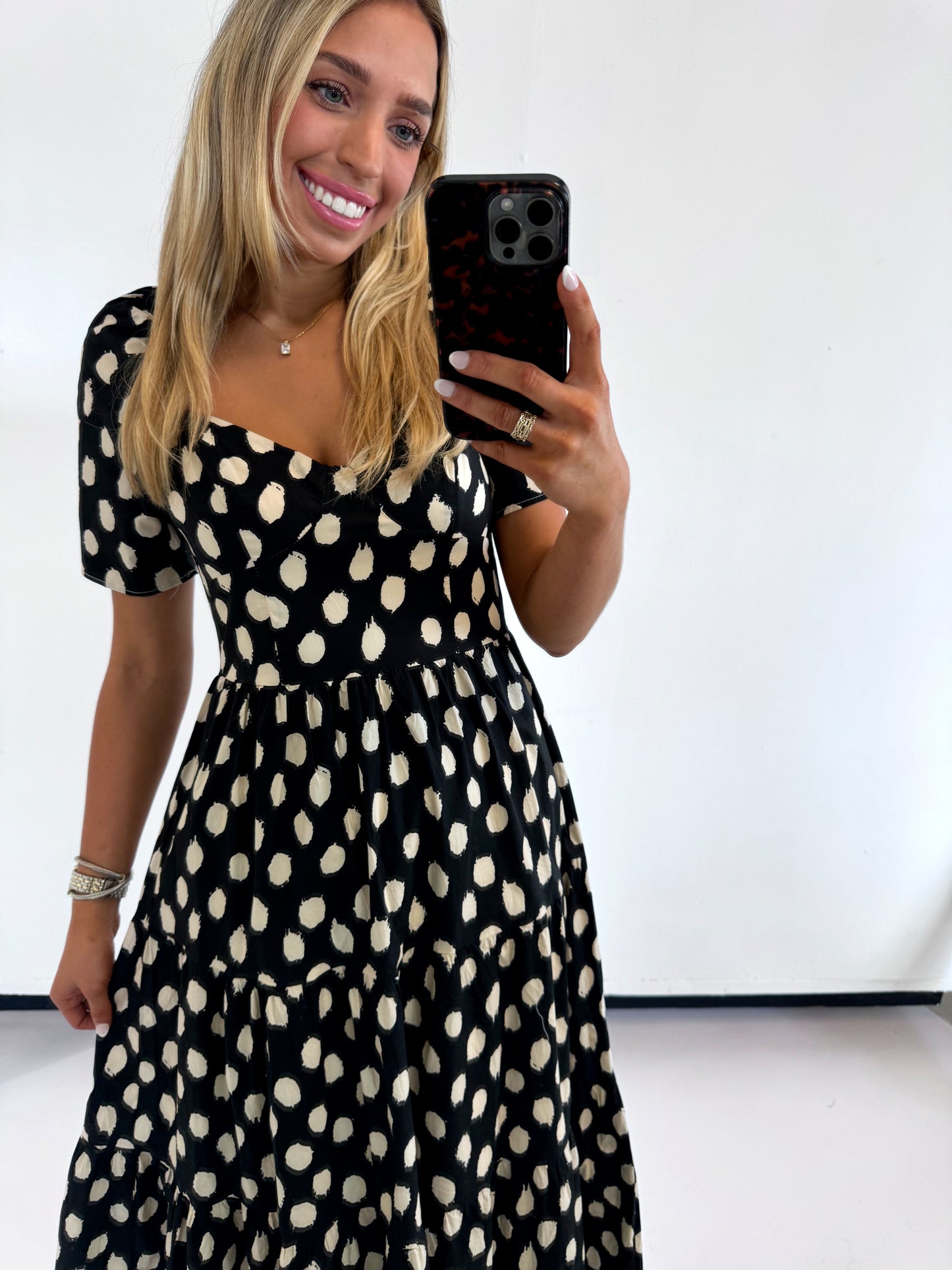 BLACK POLKA DOT SLEEVE MIDI DRESS