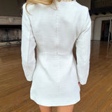 WHITE SQUARE NECK TWEED MINI DRESS