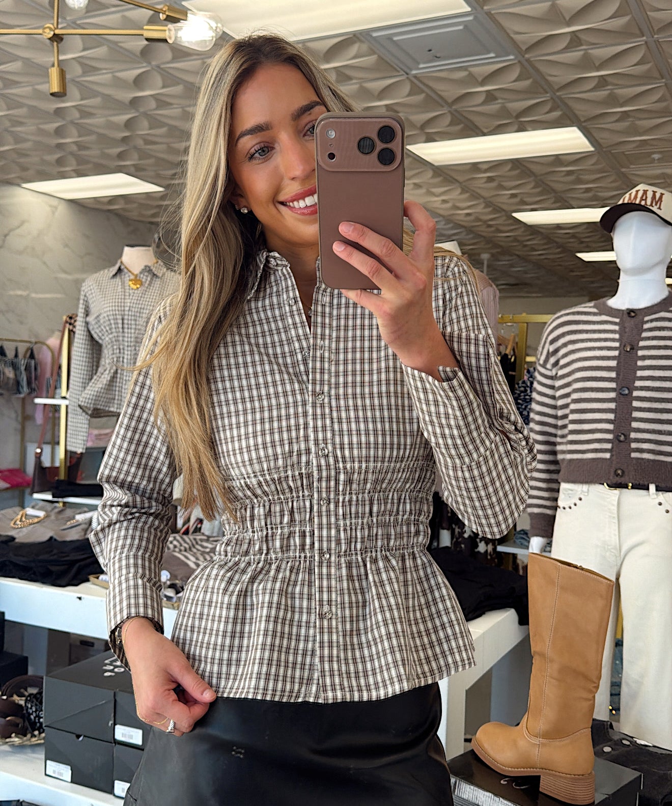 WF BROWN PLAID SMOCKED TOP
