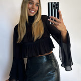 BLACK FLOUNCE RUFFLED CHIFFON BLOUSE