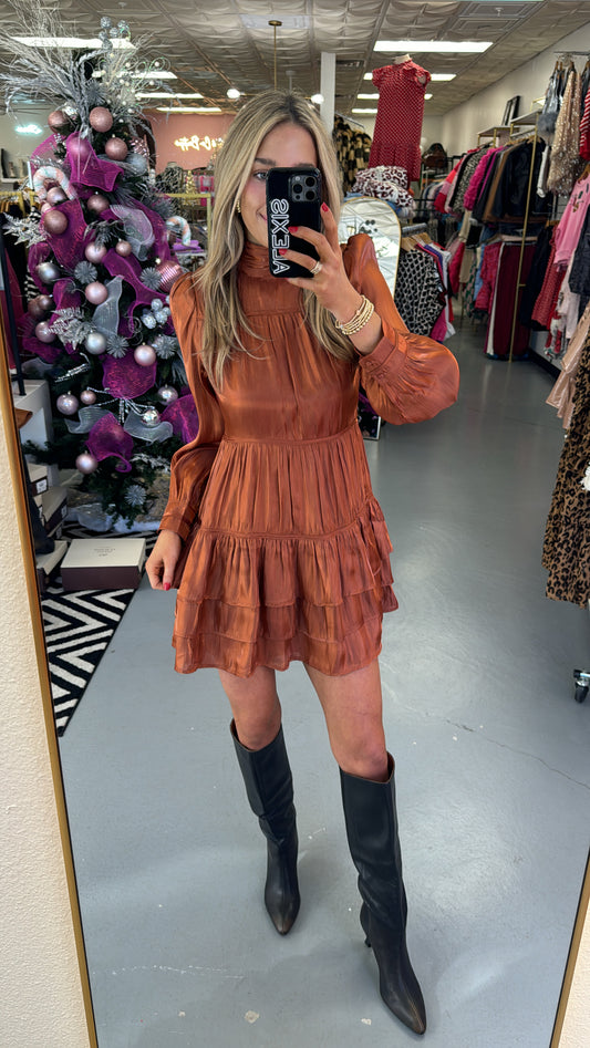 RUST SHINY MOCK TIERED DRESS