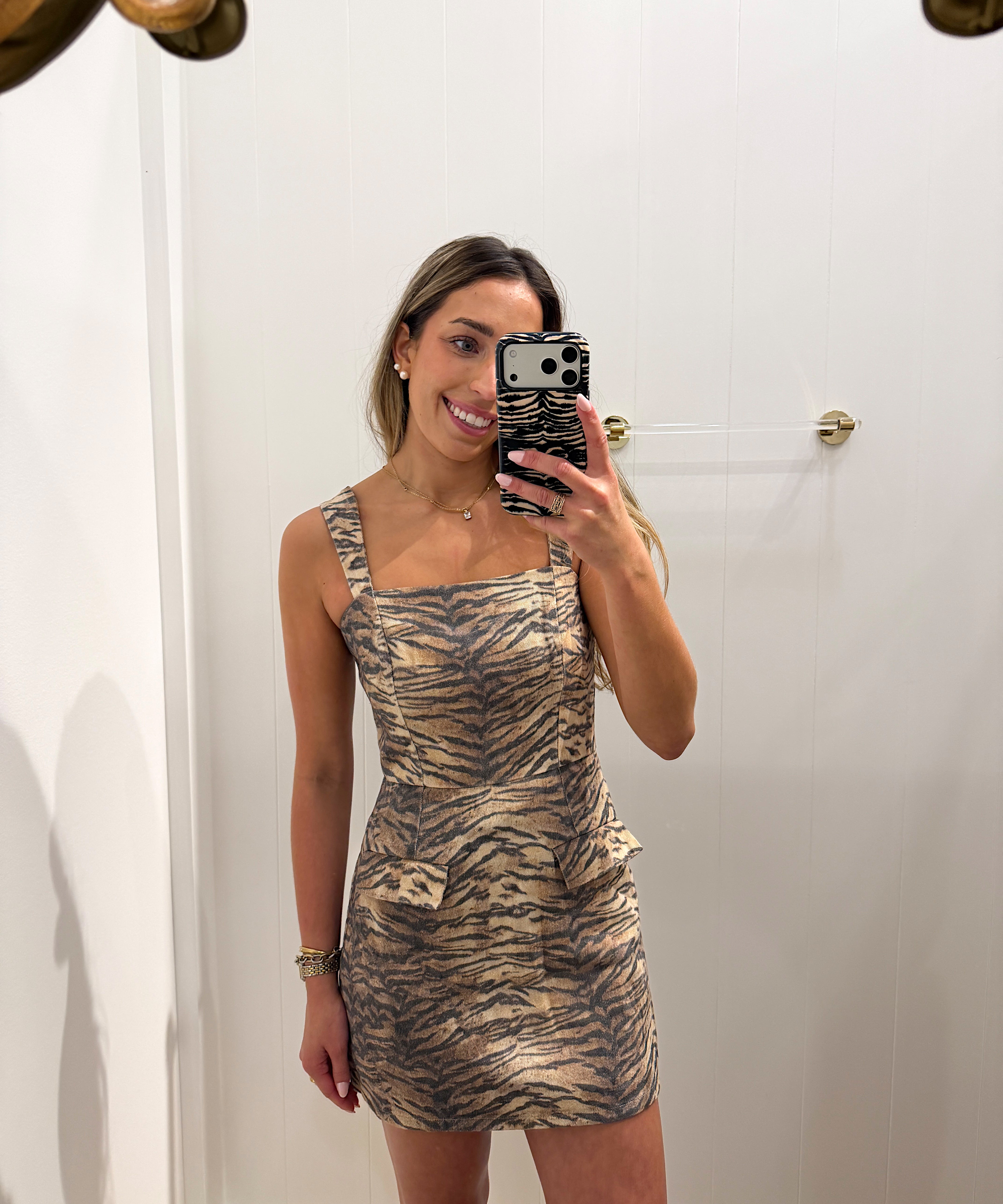 TIGER PRINT DENIM SQUARE NECK MINI DRESS