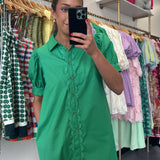 KELLY GREEN BUTTON SCALLOPED DRESS