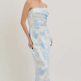 BLUE MULTI FLORAL STRAPLESS MAXI DRESS