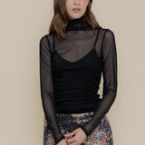 Black Turtle Neck Long Sleeve Mesh Top