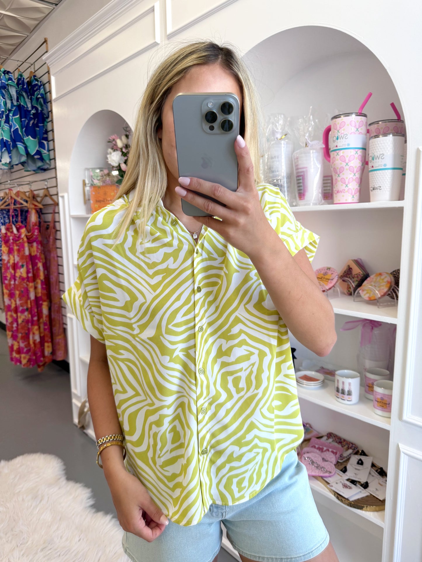 GREEN COLLARED ZEBRA PRINT BLOUSE