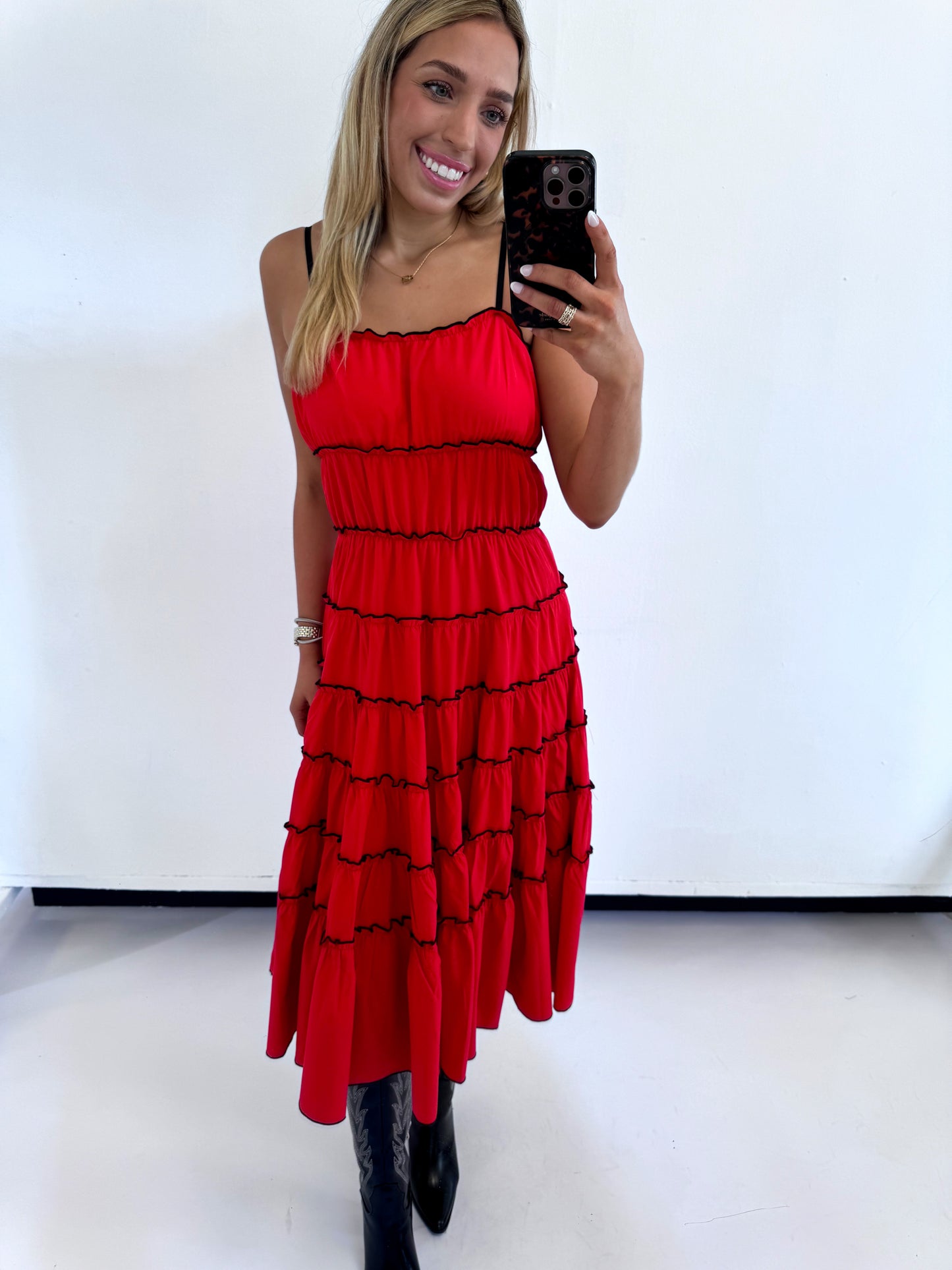 RED/ BLACK RUFFLED TIERED DRESS