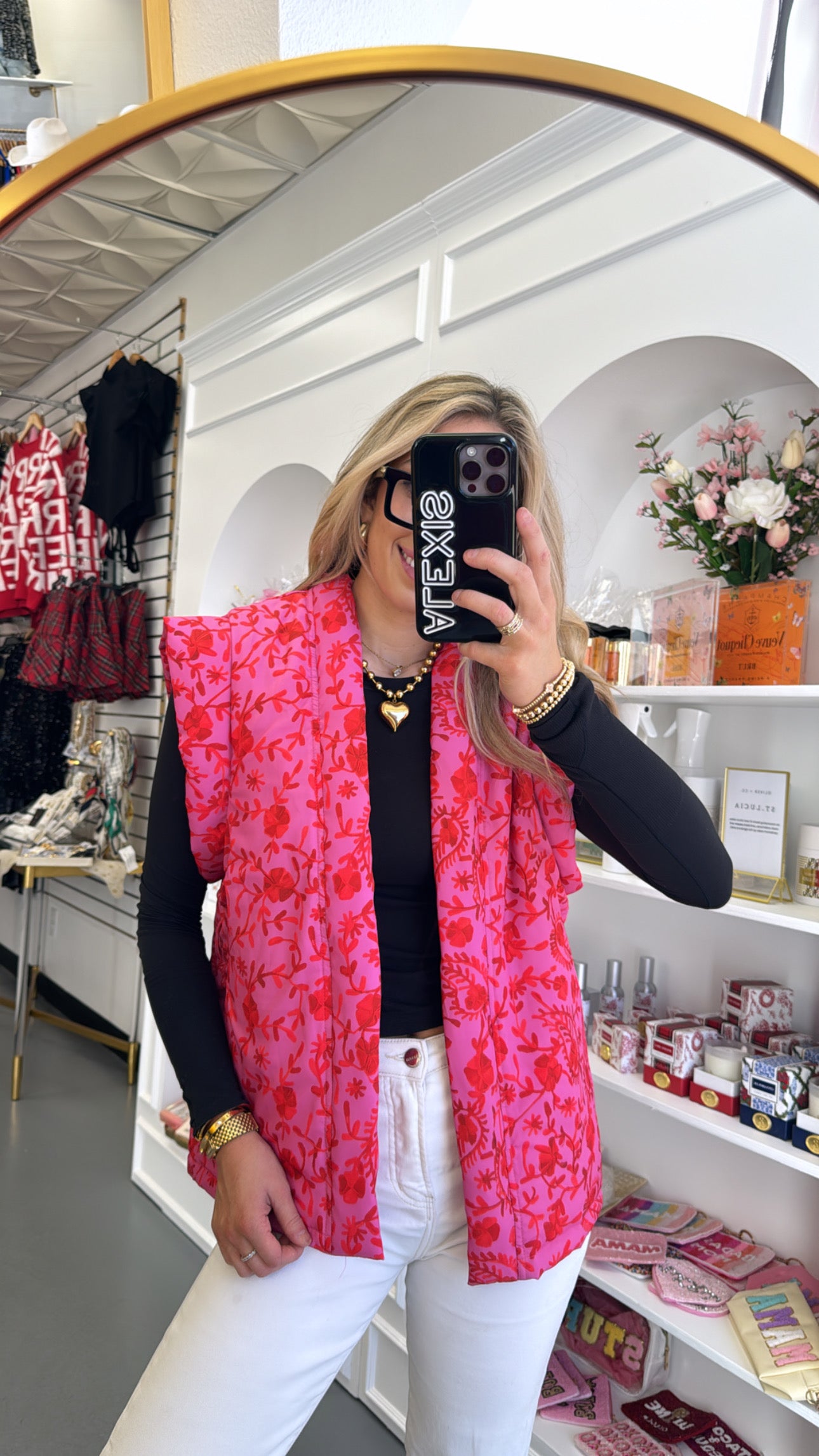 PINK FLORAL TIE PUFF VEST