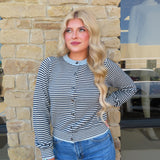 NAVY STRIPE SLEEVE BUTTON DOWN CARDIGAN